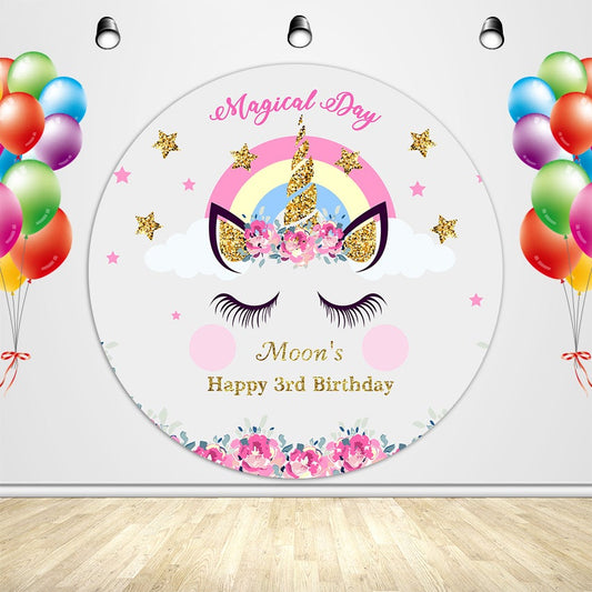 Magical Day Birthday Unicorn with Pink Flowers Custom Round Backdrop-ubackdrop
